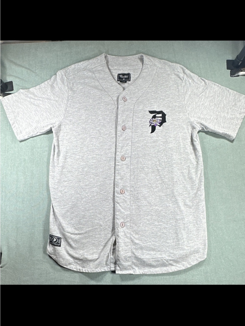 Primitive Men's Light Gray Button Baseball Jersey with Logo size Large